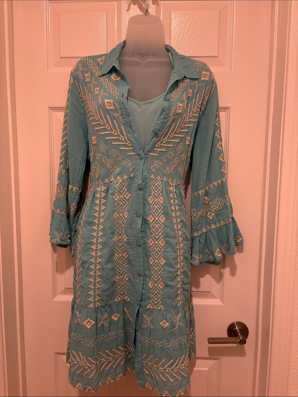 Turquoise  Embroidered Button-Front Midi Dress